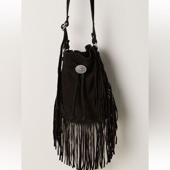 Free People Calamity Suede Fringe Crossbody Bag in Black - Picture 1 of 7